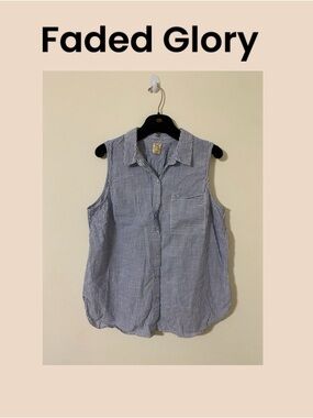 Faded Glory Blue and White Striped Sleeveless Button-Down Size XL